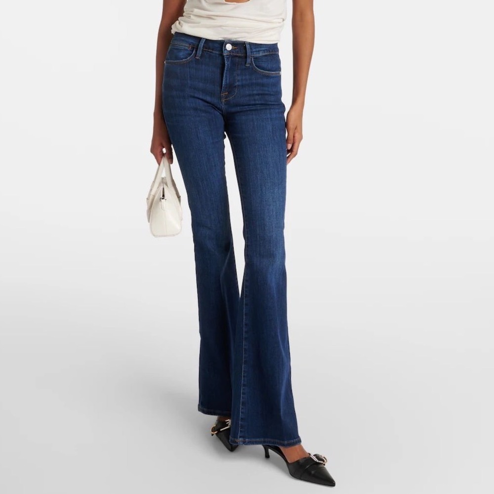 FRAME Le High Flare Jeans Roswell Chew Dark Wash Blue Denim 28 LHST779